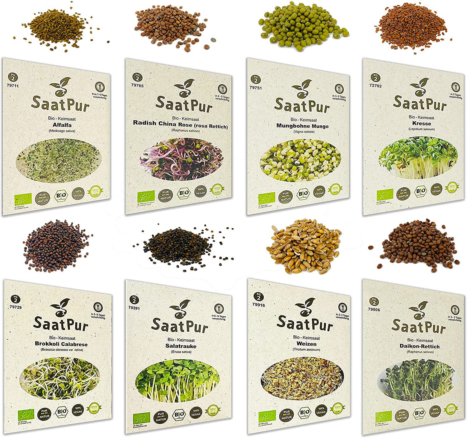 Bio-Keimsprossen Sortiment (8 Sorten) Alfalfa, Brokkoli, Daikon Rettich, Kresse, Mungo Mungb