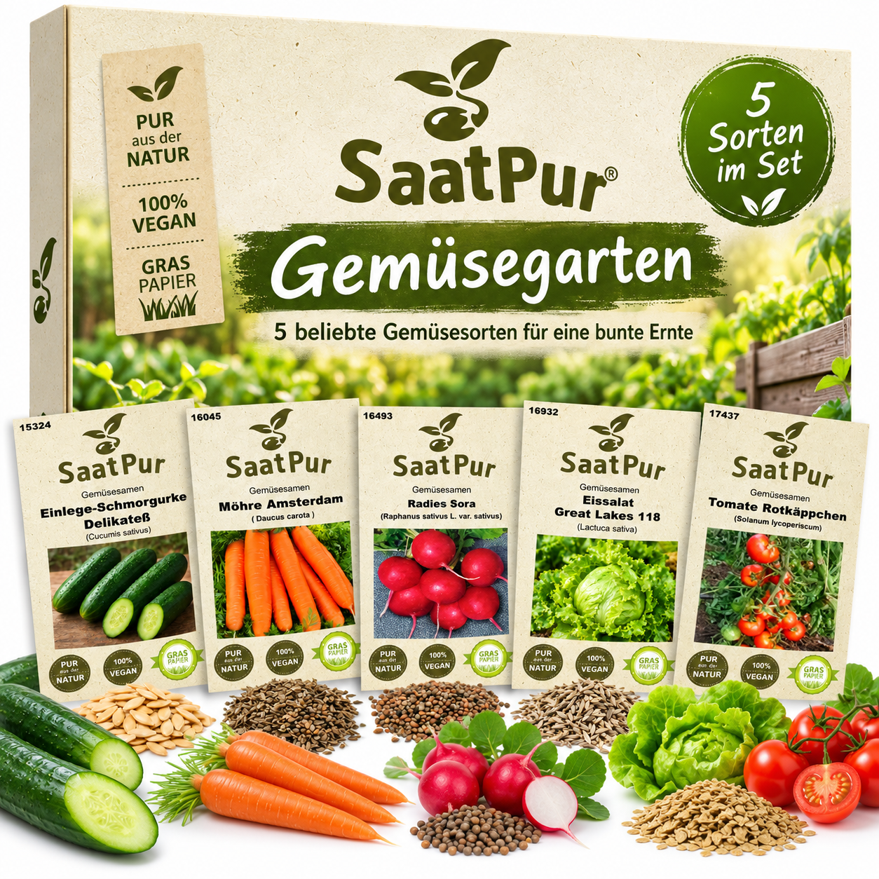 SaatPur® Gemüsegarten – 5 Gemüsesorten mit Anbauanleitung und Beetplan