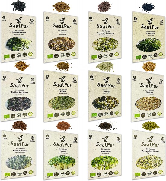 Bio-Keimsprossen-Set (12 Sorten) Weizen, Sonnenblumen, Zwiebeln, Linsen, Kresse, Alfalfa, Br