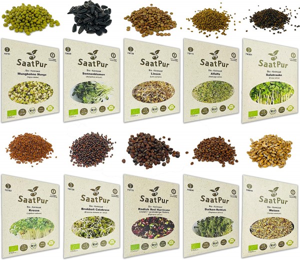 Bio Keimsprossen Set (10 Sorten) Alfalfa, Weizen, Sonnenblumen, Daikon Rettich, Rauke, Radies, Mungo
