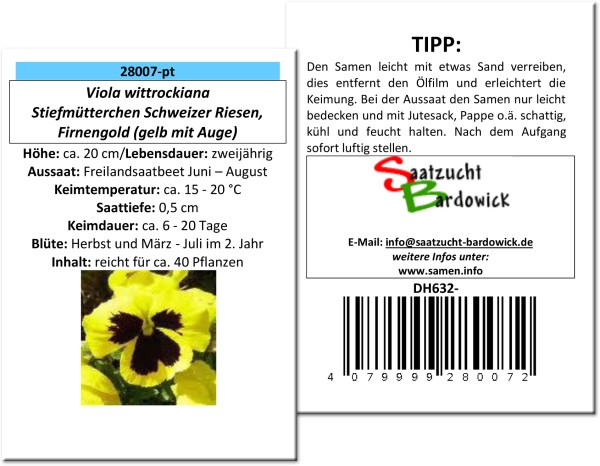 Stiefmütterchen Schweizer Riesen Firnengold, gelb mit Auge